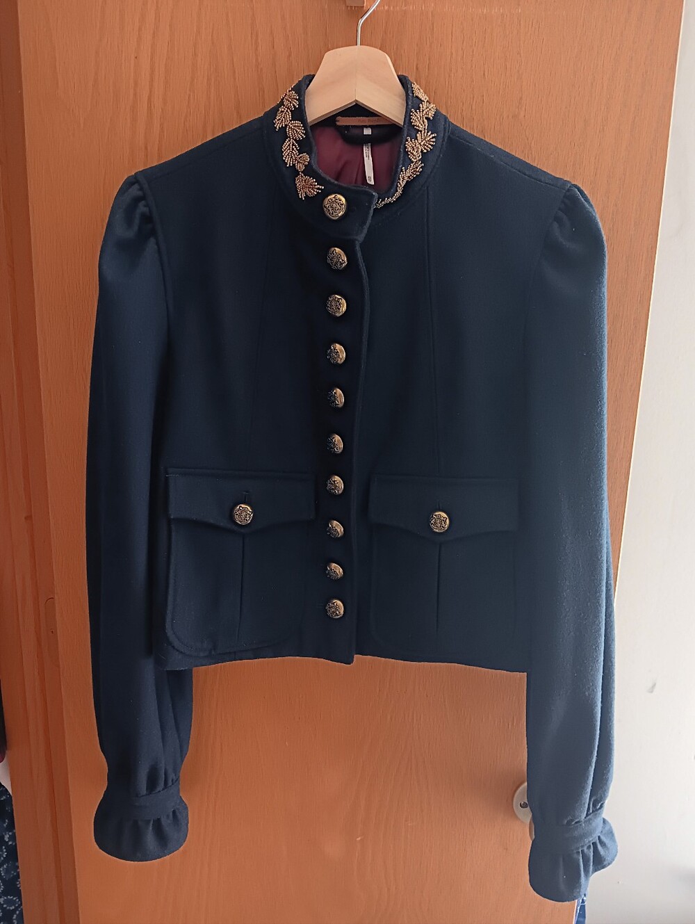 Free People Navy Wool-Blend Puff Sleeve Jacket